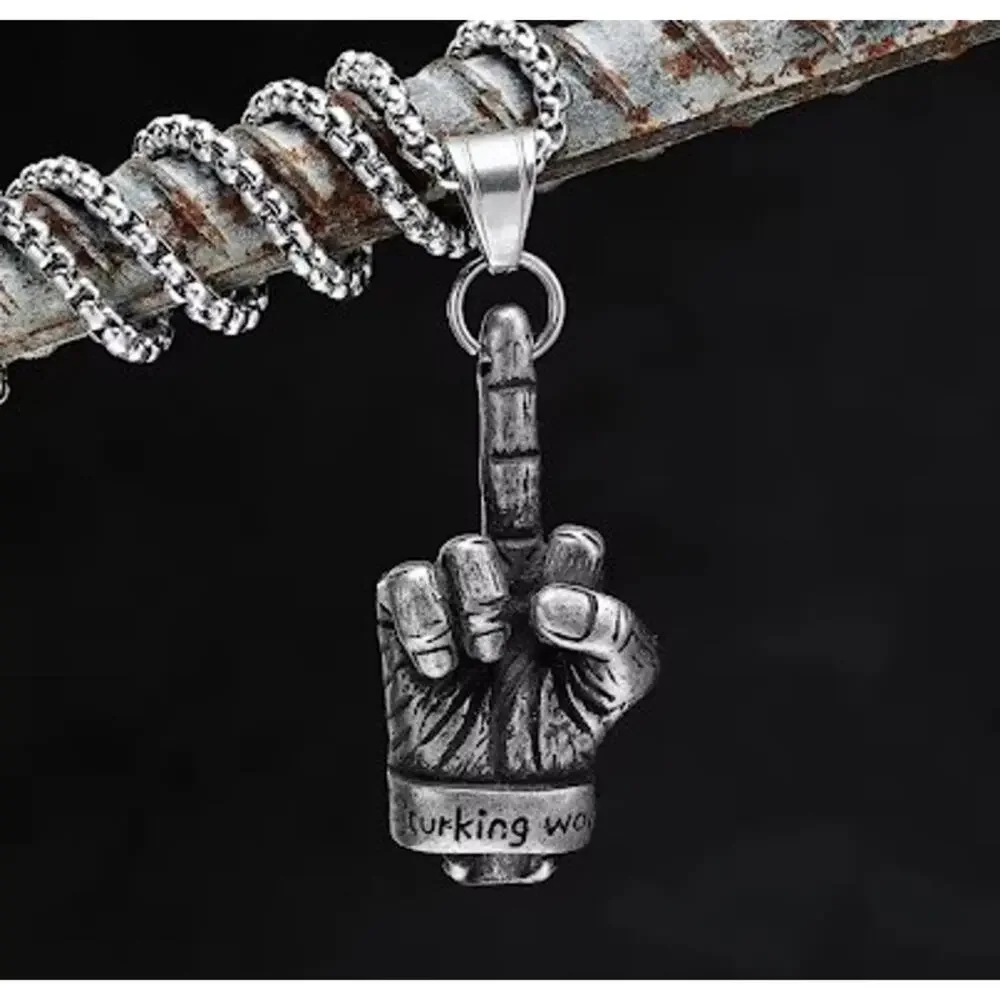 Metal Skull Middle Finger Necklace 60cm Chain Punk Rock Statement Jewelry
